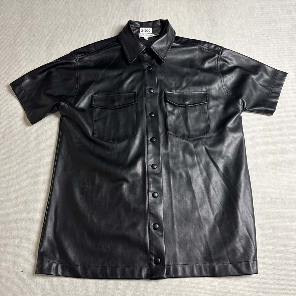 Good American Women's Size 0 Black Faux Leather Short Sleeve Snap Up Shirt
